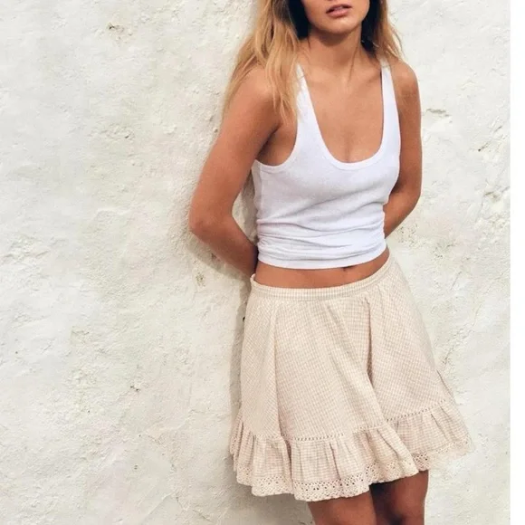 NWT Zara Plaid Gingham Ruffle Lace Frill Mini Skirt in Cream/Brown - S - Picture 2 of 8